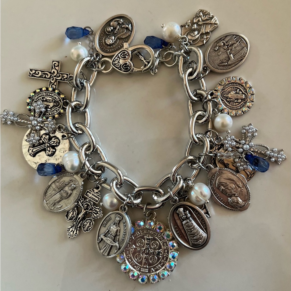 SOLD Charm Bracelet: St Benedict, Lenten Saints, Crosses, Freshwater Pearls - Picture 2 of 12